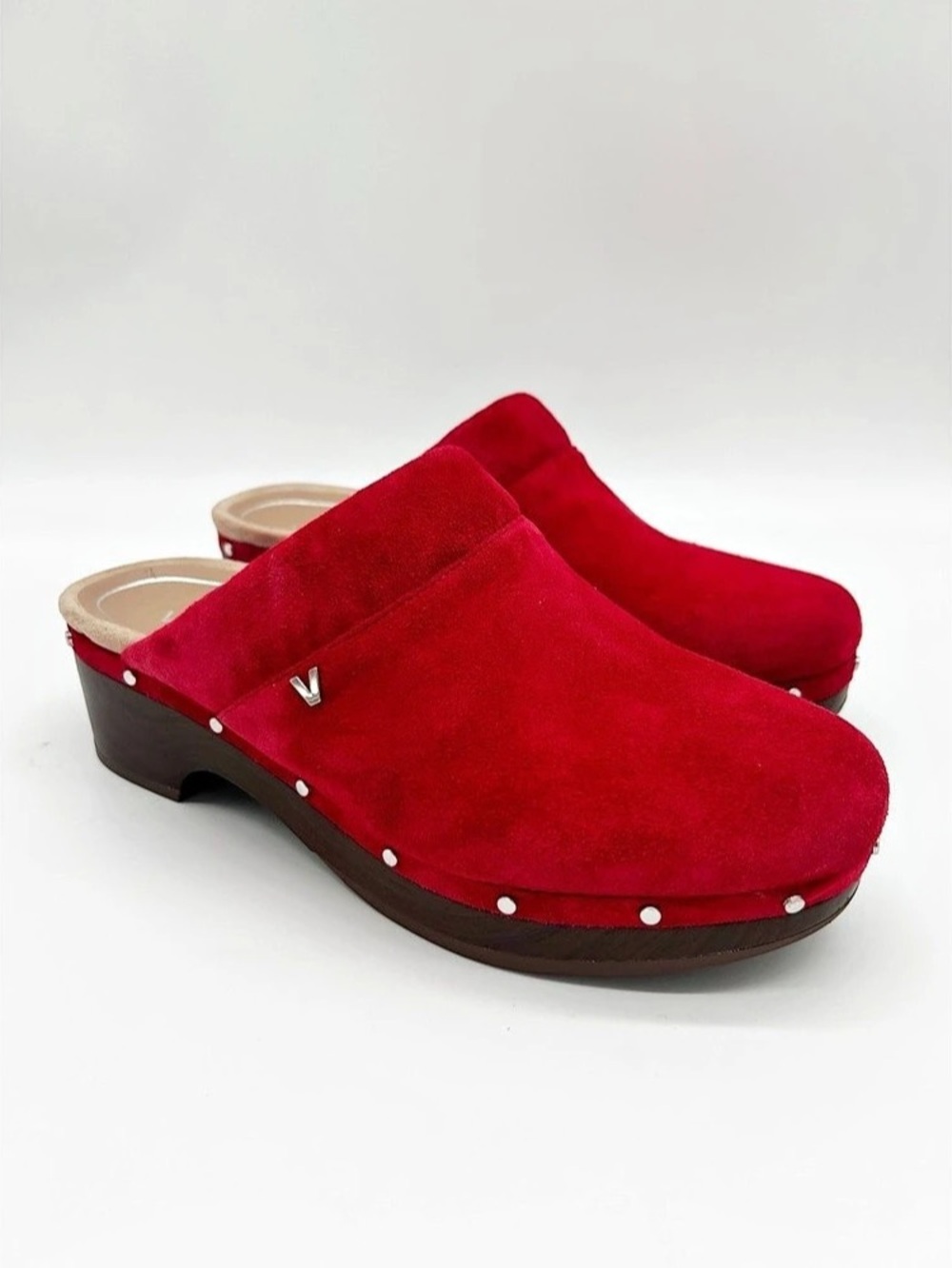 Vionic Kacie Suede Heeled Clog Red Studded Clogs